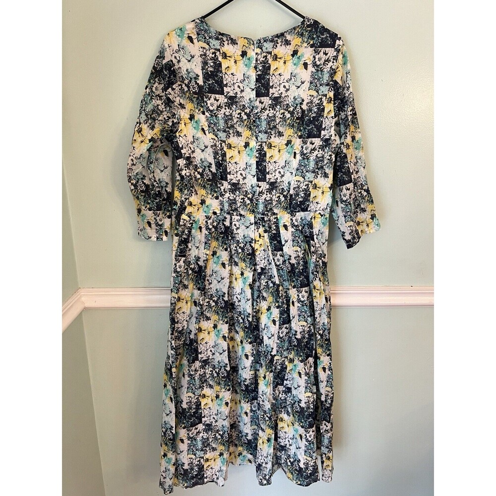 ESHAKTI 1X 18 Midi Geometric Dress Long Sleeve Pleated Cotton Blue Yellow High - Picture 3 of 7